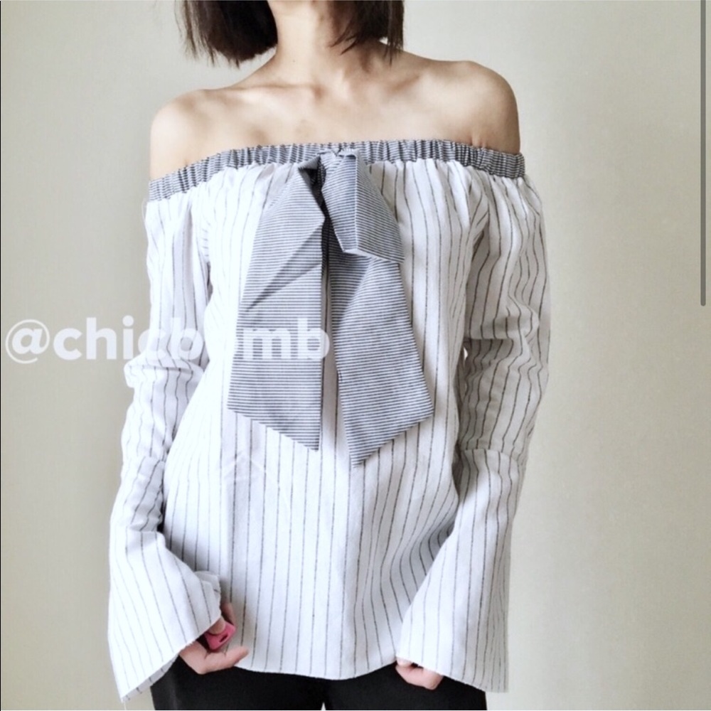 MANGO MNG POPLIN Off Shoulder Top- Gray White - Picture 2 of 5